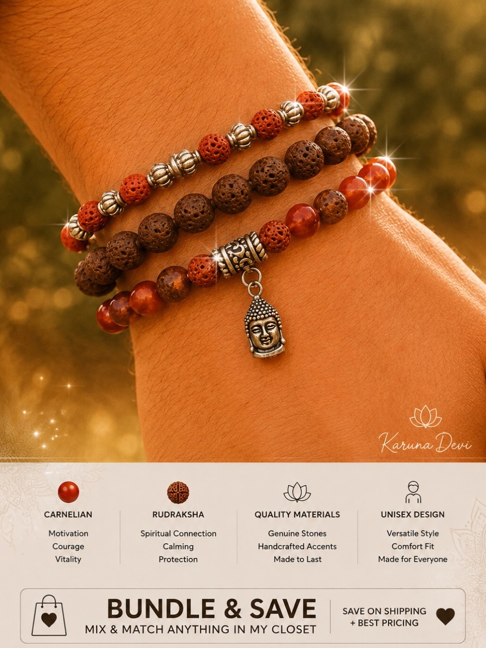 Carnelian Genuine Stone & Lava Unisex Stretch Bracelets